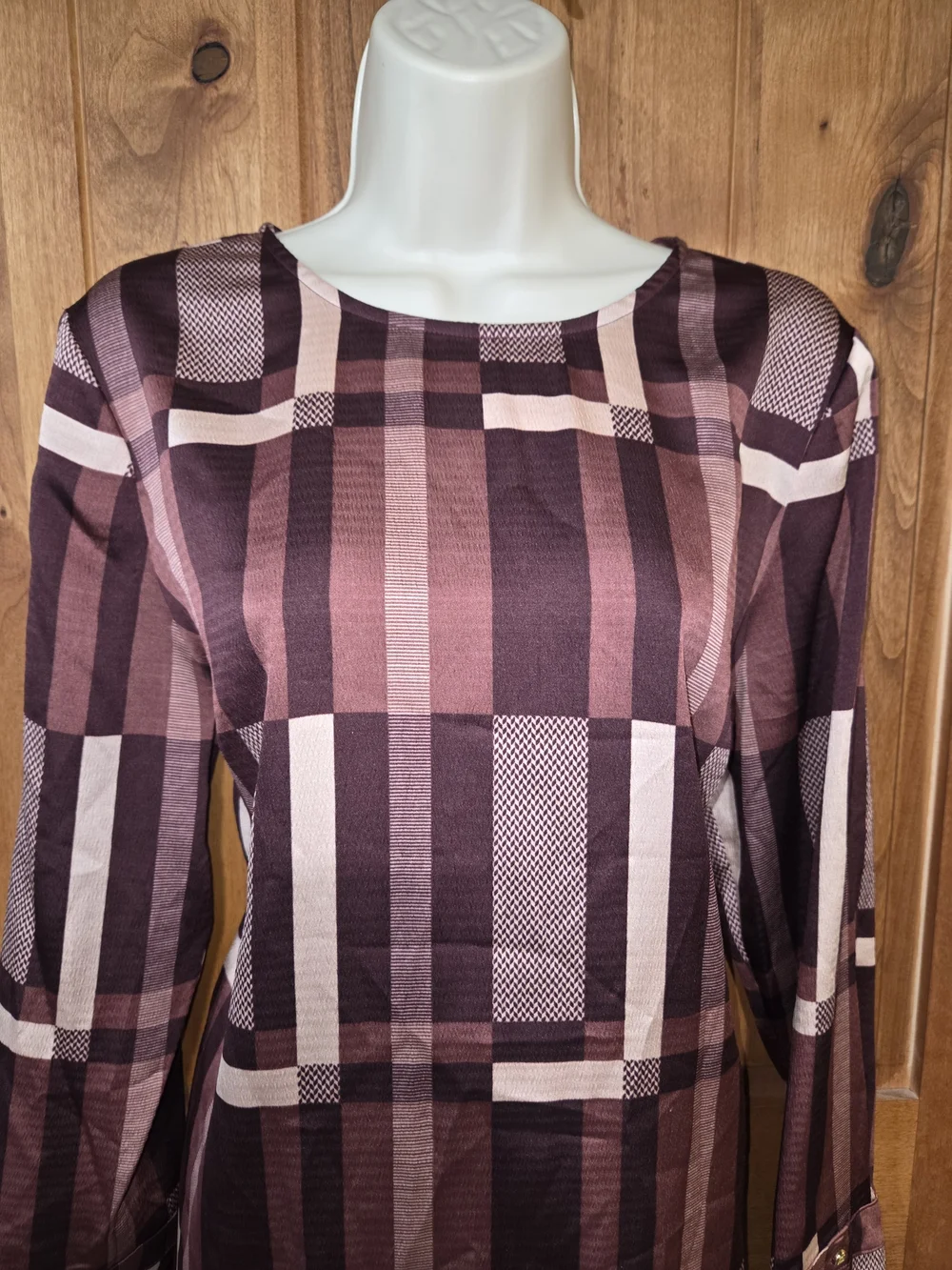 Liz Claiborne Burgundy and Blush Plaid‎ Long-Sleeve Blouse